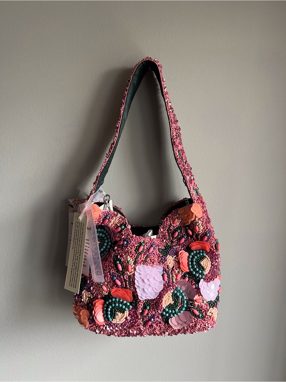 Embellished Pink Floral Shoulder Bag